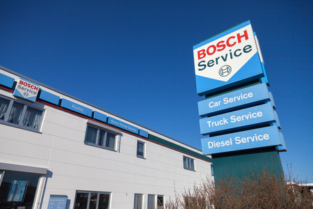 FUERTH / GERMANY - FEBRUARY 25, 2018: Bosch logo near a Bosch service building. Bosch is a German multinational engineering and electronics company headquartered in Gerlingen, near Stuttgart, Germany.のeditorial素材