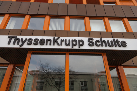 NUERNBERG / GERMANY - MARCH 4, 2018: German steel producer ThyssenKrupp logo on entrance building.のeditorial素材