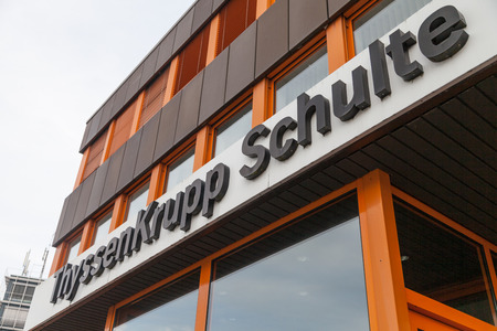 NUERNBERG / GERMANY - MARCH 4, 2018: German steel producer ThyssenKrupp logo on entrance building.のeditorial素材