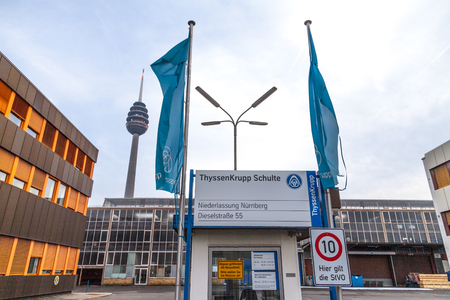 NUERNBERG / GERMANY - MARCH 4, 2018: German steel producer ThyssenKrupp logo on entrance building.のeditorial素材