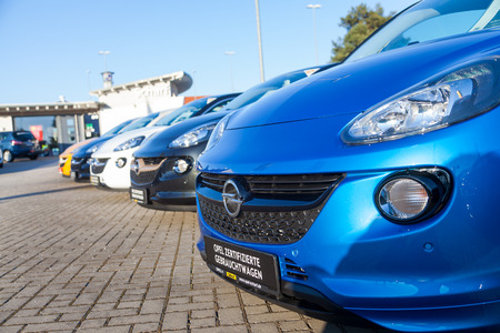 NUERNBERG / GERMANY - MARCH 4, 2018: Opel logo on a car at an Opel car dealer in Germany. Opel Automobile GmbH is a German automobile manufacturer.のeditorial素材
