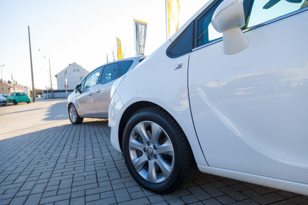 NUERNBERG / GERMANY - MARCH 4, 2018: Opel logo on a car at an Opel car dealer in Germany. Opel Automobile GmbH is a German automobile manufacturer.のeditorial素材