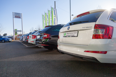 NUERNBERG / GERMANY - MARCH 4, 2018: Skoda logo on a Skoda car at a car dealer in Germany. Skoda is a Czech automobile manufacturer founded in 1895 as Laurin and Klement.のeditorial素材