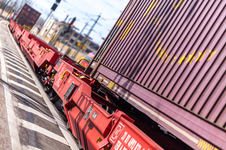 FUERTH / GERMANY - MARCH 11, 2018: a european freight train passes train station Fuerth in Germanyのeditorial素材
