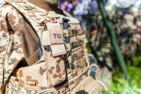 TQ tourniquet bag on a german soldier desert uniformの写真素材