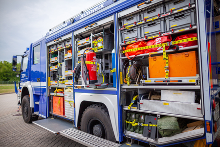 FELDKIRCHEN / Germany - JUNE 9, 2018: German technical emergency service truck stands on a platform at open day. Technisches Hilfswerk, THW means technical emergency service.のeditorial素材