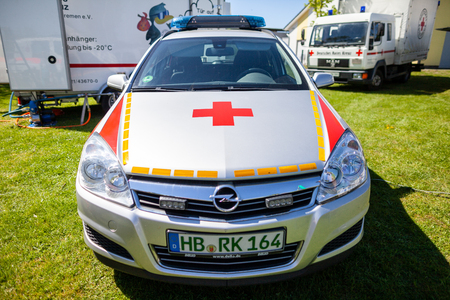 DELMENHORST / GERMANY - MAY 6, 2018: German emergency doctor car from Deutsches Rotes Kreuz stands on an open day.のeditorial素材