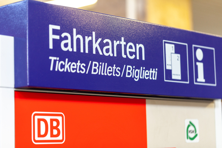 FUERTH / GERMANY - MARCH 11, 2018: Deutsche Bahn ticket machine stands on  train station in Fuerth, near Nuernberg. Deutsche Bahn AG (abbreviated as DB, DB AG or DBAG) is a German railway company.のeditorial素材