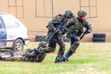 FELDKIRCHEN / GERMANY - JUNE 9, 2018: German soldier on an exercise at open day on day of the...