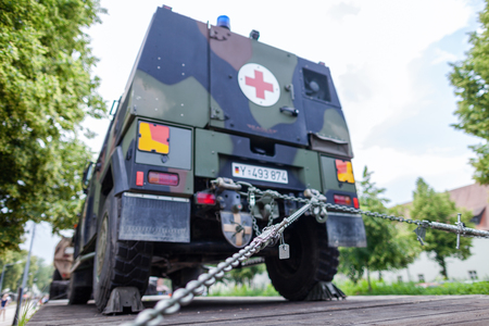 FELDKIRCHEN / GERMANY - JUNE 9, 2018: German armoured military vehicles from Bundeswehr, stands on a train waggon at Day of the Bundeswehr in Feldkirchen / Germany.のeditorial素材