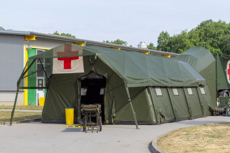 MUNSTER / GERMANY - JUNE 16, 2018: german military field hospital stands on a plate during open day in a barrackのeditorial素材