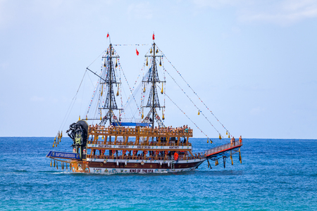 ALANYA / TURKEY - OCTOBER 1, 2018: Party sailing ship Kaptan Barbossa sails near the coast of Alanyaのeditorial素材