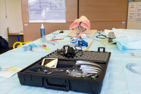 MUNICH / GERMANY - SEPTEMBER 05, 2018: New medical equipment and methods for rescue service staff.のeditorial素材