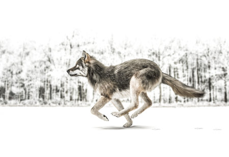 a wolf runs in a snow landscape background