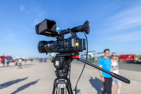 BERLIN / GERMANY - APRIL 28, 2018: Sony XDCAM film camera stands on tripod at Berlin Air showのeditorial素材