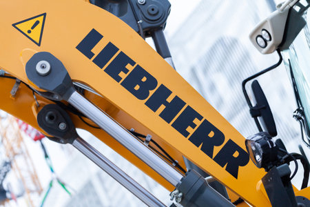 MUNICH / GERMANY - APRIL 14, 2019: Liebherr logo on a digger arm at a Liebherr machine dealer.