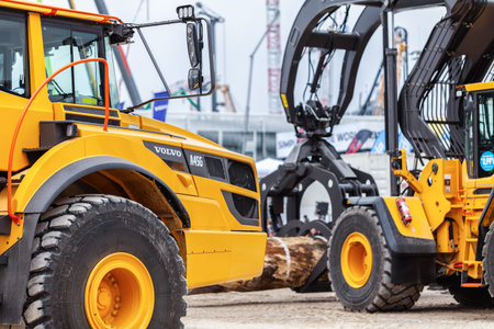 MUNICH / GERMANY - APRIL 14, 2019: Volvo excavator works on a construction site in Munich.