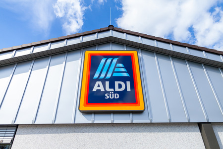 NUREMBERG / GERMANY - APRIL 7, 2019: Branch from Aldi supermarket chain. Aldi is the common brand of two German family owned discount supermarket chains with over 10,000 stores in 20 countries.のeditorial素材