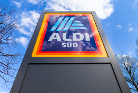 NUREMBERG / GERMANY - APRIL 7, 2019: Branch from Aldi supermarket chain. Aldi is the common brand of two German family owned discount supermarket chains with over 10,000 stores in 20 countries.のeditorial素材