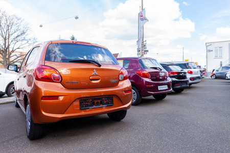 NUREMBERG / GERMANY - APRIL 7, 2019: Mitsubishi logo on a Mitsubishi car at a car dealer. Mitsubishi Motors Corporation is a Japanese multinational automotive manufacturer headquartered in Japan.のeditorial素材
