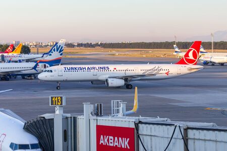 ANTALYA / TURKEY - JUNE 6, 2019: Airbus A321 from Turkish Airlines stands on airfield at airport Antalya, Turkey.のeditorial素材