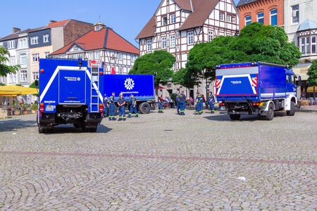 PEINE / GERMANY - JUNE 22, 2019: German technical emergency service trucks stands at public event, Day of the uniform. Technisches Hilfswerk, THW means technical emergency service.のeditorial素材