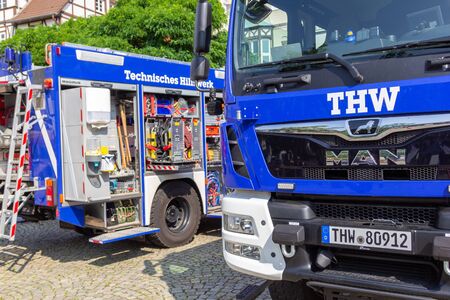 PEINE / GERMANY - JUNE 22, 2019: German technical emergency service trucks stands at public event, Day of the uniform. Technisches Hilfswerk, THW means technical emergency service.のeditorial素材