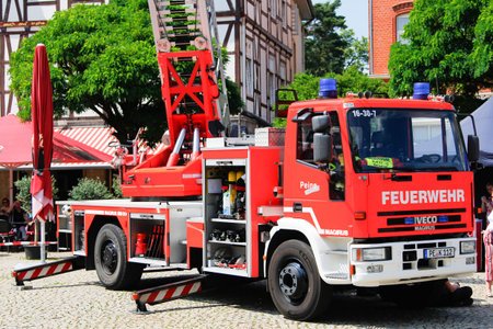 PEINE / GERMANY - JUNE 22, 2019: Iveco Magirus rotating ladder from german fire department Peine...