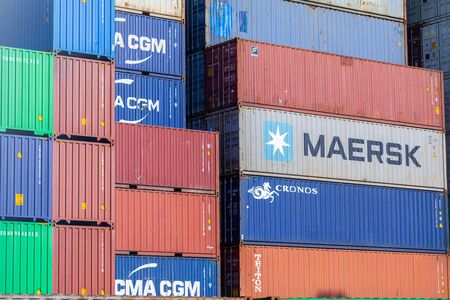 NUREMBERG / GERMANY - AUGUST 4, 2019: Shipping containers stands on TriCon Container Terminal Nuremberg.のeditorial素材