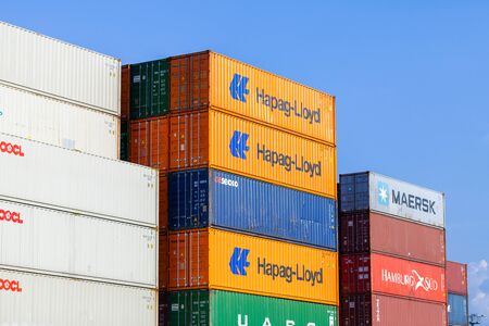NUREMBERG / GERMANY - AUGUST 4, 2019: Shipping containers stands on TriCon Container Terminal Nuremberg.のeditorial素材