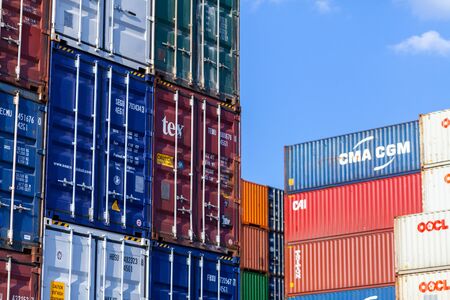 NUREMBERG / GERMANY - AUGUST 4, 2019: Shipping containers stands on TriCon Container Terminal Nuremberg.のeditorial素材