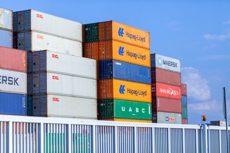 NUREMBERG / GERMANY - AUGUST 4, 2019: Shipping containers stands on TriCon Container Terminal Nuremberg.のeditorial素材