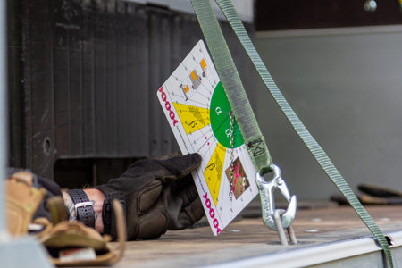 MUNSTER / GERMANY - JULY 2, 2019: Tie down scheme card for cargo transport lashing lies near lashing...