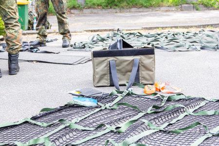 MUNSTER / GERMANY - JULY 2, 2019: Lashing material for cargo lashing lies on ground.