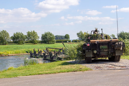 MINDEN / GERMANY - SEPTEMBER 4, 2019: Panzerpionierbattaillon trained a tank crossing over a river...