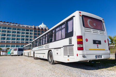 ANTALYA / TURKEY - JANUARY 22, 2020: Buses from Dreamworld hotel stands in front of Dreamworld hotel...