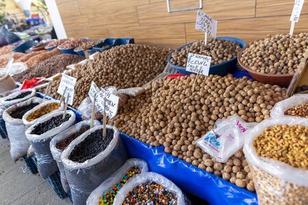 ANTALYA / TURKEY - 20 JANUARY 2020: Various nuts lies on a turkish marketのeditorial素材