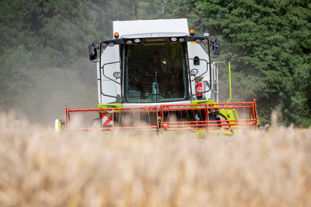 BAVARIA / GERMANY - AUGUST 20, 2020: Claas Tucano 420 combine harvester threshes grain in an...