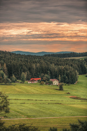 Beautiful landscape sunset scene over german Bavaria