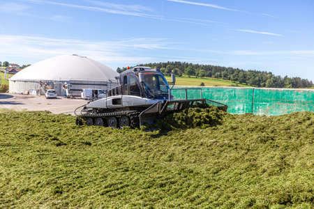 BAVARIA / GERMANY - AUGUST 20, 2020: Prinoth Leitwolf snowcat prepares the silage for the biogas plantのeditorial素材