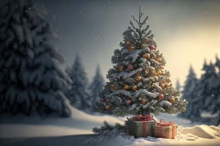 A beautiful christmas tree at a snow backgroundの写真素材