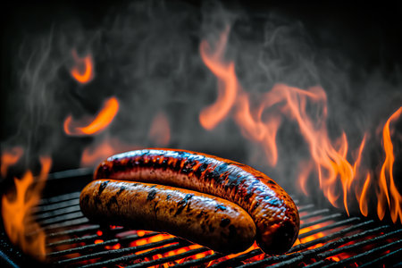 a delicate sausage lies on a flamed grillの写真素材