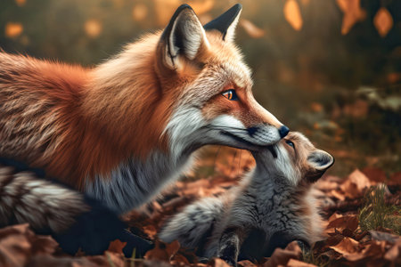 Female fox with a fox cub portrait in a forestの素材