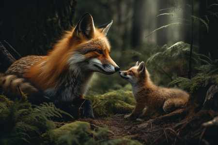 Female fox with a fox cub portrait in a forestの素材