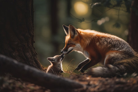 Female fox with a fox cub portrait in a forestの素材