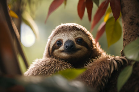 A sloth hangs in a treeの素材