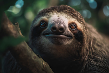 A sloth hangs in a treeの素材