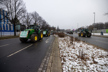 Hannover, Lower Saxony, Germany - January 11, 2024: Farmer protests in Lower Saxony at a large demonstration in Hanover. There are demonstrations against the dismantling of agricultural subsidies.のeditorial素材
