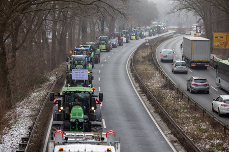 Hannover, Lower Saxony, Germany - January 11, 2024: Farmer protests in Lower Saxony at a large demonstration in Hanover. There are demonstrations against the dismantling of agricultural subsidies.のeditorial素材