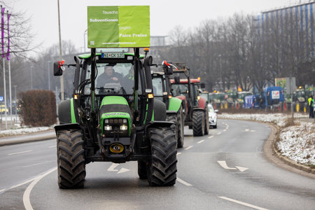 Hannover, Lower Saxony, Germany - January 11, 2024: Farmer protests in Lower Saxony at a large demonstration in Hanover. There are demonstrations against the dismantling of agricultural subsidies.のeditorial素材